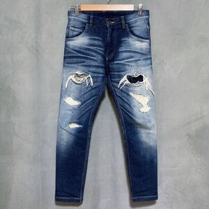 wjk ダブルジェイケイ tight knit denim pants ダメージ リペア 加工 ストレッチ デニム パンツ ジーンズ size.S インディゴ 定価45,360円