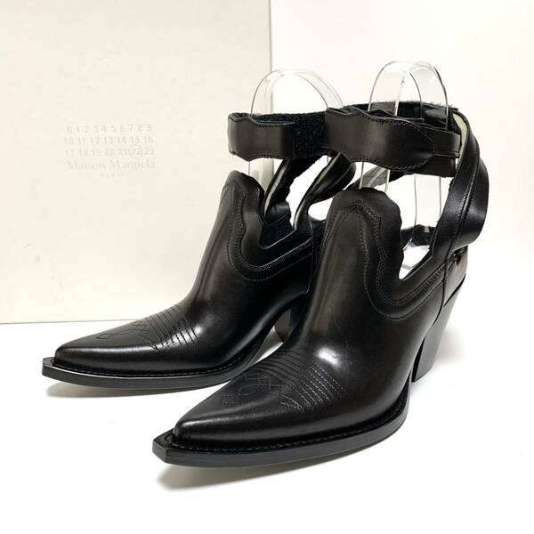 ☆未使用 メゾンマルジェラ Maison Margiela アンクル ストラップ レザー ブーティ 黒 size 36.5 イタリア製 ショートブーツ 革靴 MM6 足袋