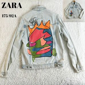 ザラ デニムジャケット ダメージ加工 ペイント 175/92A ZARA Gジャン 銀ボタン ジージャン Mサイズの画像1