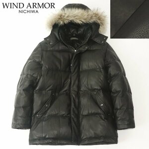 極暖! 相場価格￥86,900- 美品 WIND ARMOR ウインドアーマー ラクーンファー付 羊革 ラムレザー 肉厚 ダウンジャケット ブラック 黒 L -