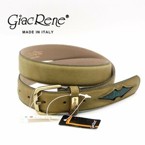 定価￥10,800- 新品 イタリア製 Giac Rene COLLECTION ネイティブ ヴィンテージ 牛革 レザーベルト ペイズリー柄 カーキ 100(JP:XXL)