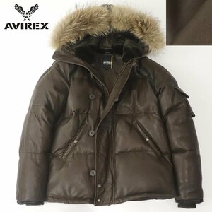 参考価格￥99,000- 美品 上野商会 AVIREX アヴィレックス 6181029 ラクーンファー付 TYPE N-2B 羊革 ラムレザー ダウンジャケット 茶 L