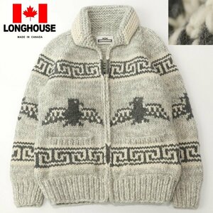 参考価格￥44,000- 美品 カナダ製 LONGHOUSE ロングハウス 肉厚 ヴァージンウール100% カウチンニットセーター サンダーバード柄 L メンズ