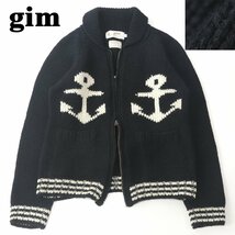 ★美品 gim ジム ハンドメイド カウチンセーター ニットブルゾン 紺 ネイビー L レディース イカリ アンカー マリン ジャケット_画像1