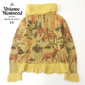 参考価格10万円 美品 イタリア製 Vivienne Westwood MAN ヴィヴィアン ウエストウッド マン オフタートルネック ニットセーター 黄 S 鹿柄