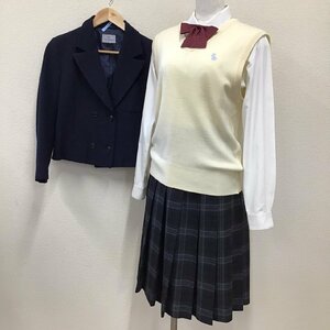 O104/Y(中古)東北方面 女子制服5点 /校名不明/M/160A/W64～70/ブレザー/ブラウス/ニットベスト/スカート/リボン/紺/チェック柄/学生服