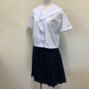 I87/Y(中古)山形県 飯豊中学校 女子制服3点 /A165/W69/セーラー/スカート/タイ/夏服/合服/SCHOOL HARMONY/白/緑ライン/女子学生/校章刺繍入