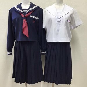 O131/(中古)兵庫県 氷丘中学校 女子制服5点 /旧制服/M/W63/セーラー/スカート/スカーフ/夏服/冬服/紺/赤/しもかわ/女子学生/制服/学生服