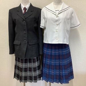 I100/Y(中古)福島県 本宮高校 女子制服7点 /指定品/M/L/W66/丈60/ブレザー/ブラウス/セーラーブラウス/スカート/ネクタイ/グレー/チェック