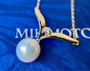 MIKIMOTO ミキモト　最高級　一粒パール　真珠　1Pダイヤモンド　リーフモチーフ　イエローゴールドネックレス　k18