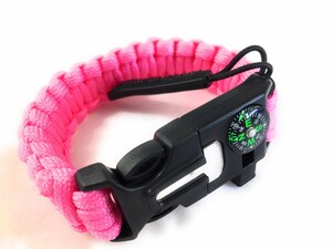 5way パラコード ブレスレット ジップタブ付 【ピンク】 多機能 コンパス 笛 スクレーパー ファイヤースターター 非常用ロープ