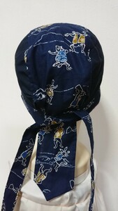 ★バンダナキャップ★ハンドメイド 和柄 鳥獣戯画×無地 紺