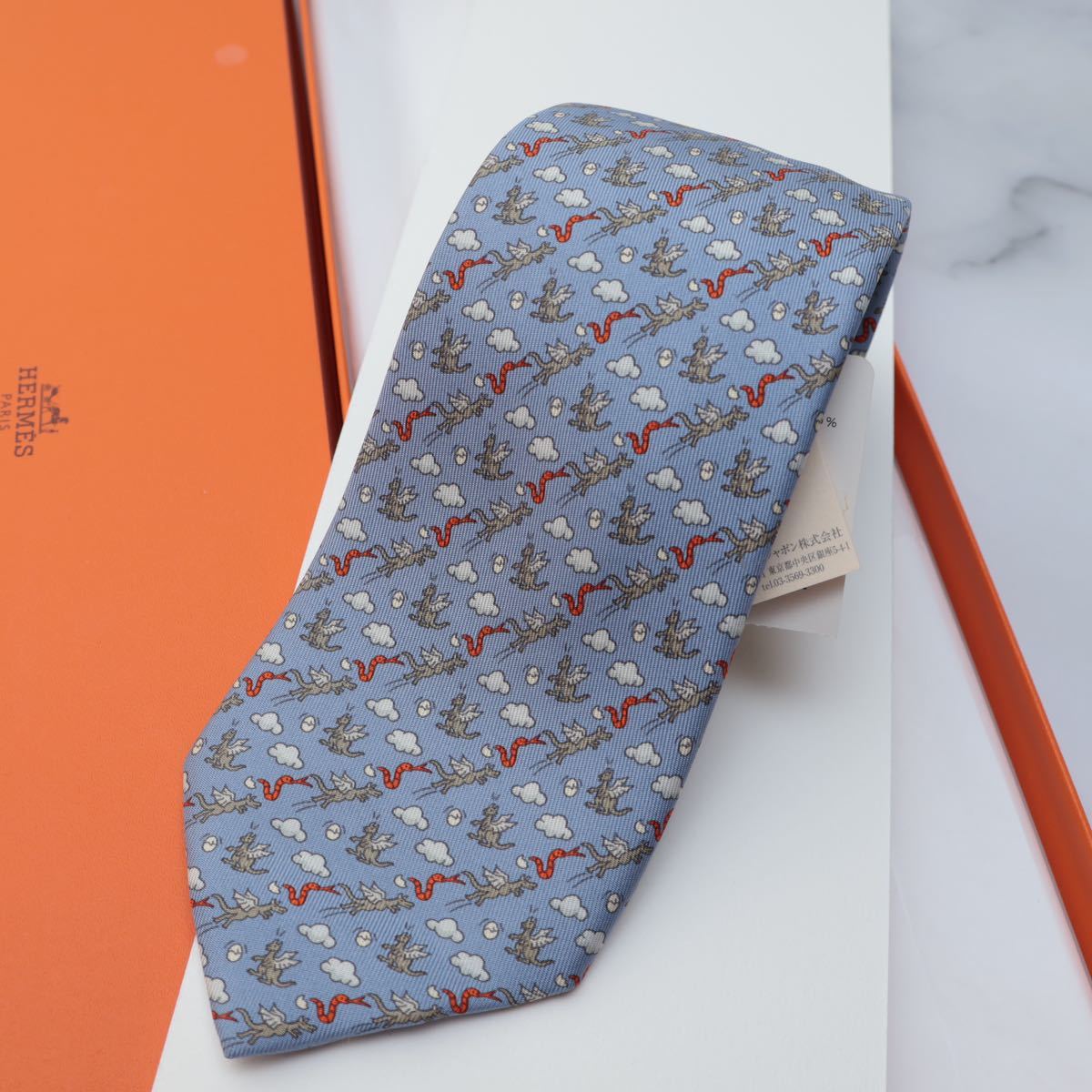 HERMES エルメス ネクタイ メンズ 紺色 オレンジ ペリカン 魚|PayPay