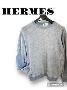 rrkk2007 HERMES エルメス スウェット トレーナーGLAY BLOWN グレー ブラウン 馬車ロゴ刺繍 トップス 長袖 Lサイズ メンズ