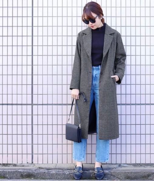【reca】フェイクウールタッチグレンチェック ロング丈チェスターコート グレー