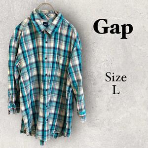 37a878 Gap ギャップ　チェック柄シャツ　綿90% ブルー