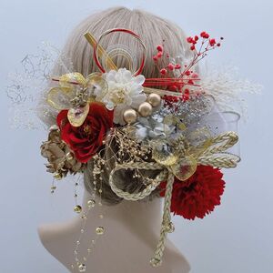 ディップアート　髪飾り　成人式　卒業式 結婚式　白　ゴールド　赤　シルバー ブリザーブドフラワー アーティフィシャルフラワー