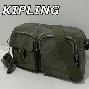 美品【KIPLING】キプリング 無地 ナイロン スクエア型 ショルダーバッグ ゴリラ付き 多収納 緑 グリーン