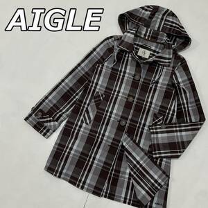 【AIGLE】エーグル チェック柄 ナイロン ステンカラーコート フード取り外し可 ロゴ 刺繍 スプリング 茶 ブラウン ミント 8604-11467