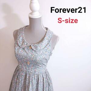 Forever21 丸襟&リバティ花柄 ノースリーブ ワンピース 水色 表記サイズS 総柄 66339