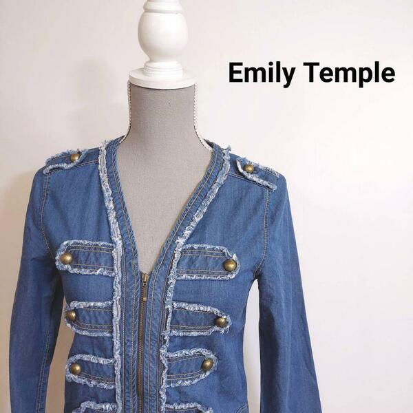 Emily Temple シャンブレー・デニム風ノーカラー ジャケット エポレット付き 部分ダメージ加工 裾リボン飾り シャーリング66121