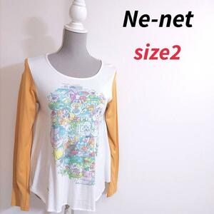 Ne-net コミック風イラスト・末広がりロングTシャツ・バイカラー 表記サイズ2 M タナカカツキ コラボ 赤塚不二夫チック Aラインネネット