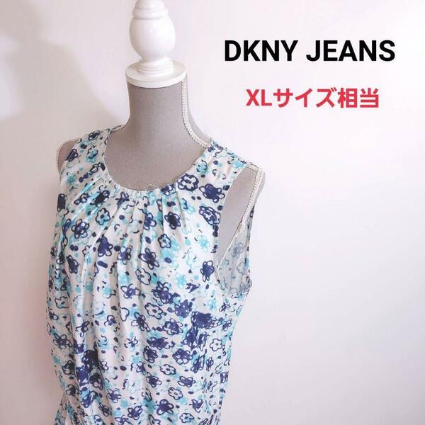 DKNY JEANS ノースリーブ花柄ワンピース・チュニック風 表記サイズ10 XL相当 総柄 白ネイビー水色 66407