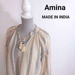 Aminahipi- manner multi stripe pattern pull over long sleeve tops light beige & blue & light orange & black India made bohemi Anne 66287
