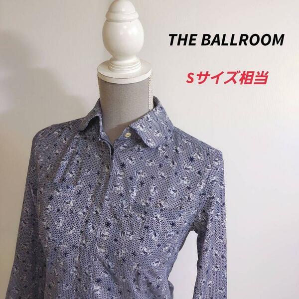 THE BALLROOM 小鳥モチーフ総柄ブラウス長袖・ネイビー&白 Sサイズ相当 66676