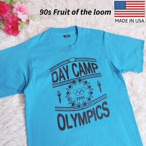 USA製 90s fruit of the loom プリントTシャツ アメリカのボーイズの14-16 青ブルー系90年代シングルステッチ丸胴 67742