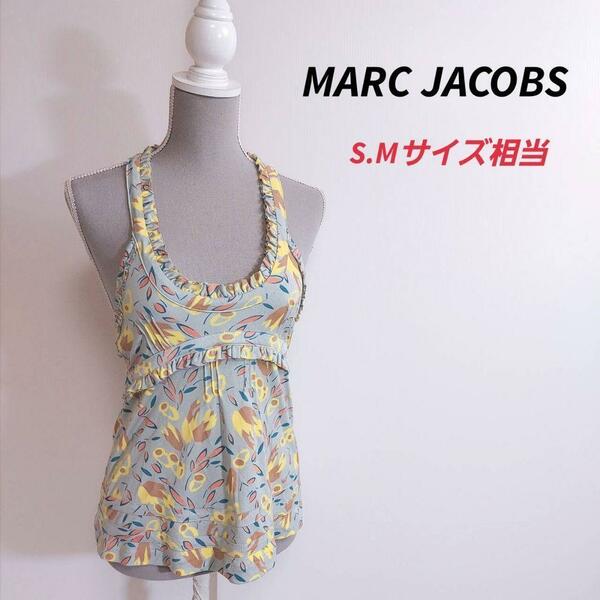 MARC JACOBS フリル使い&オープンバック 総柄キャミソール S.Mサイズ相当 ストレッチ くすんだ水色&黄色&ブラウンベージュ&青&ピンク Y2K 