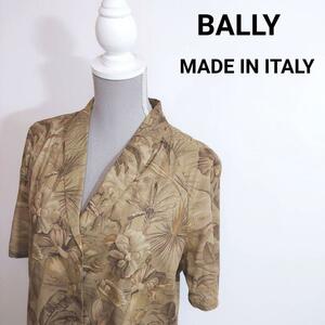 イタリア製 BALLY 植物&エレファント柄 オープンカラー半袖シャツ 表記サイズ48 花柄 ボタニカル総柄 金ボタン 茶色ブラウン系66264