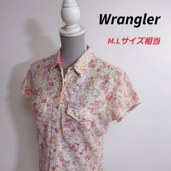 WRANGLER ファンシー花柄・レース風ストレッチ素材・半袖シャツ M.Lサイズ相当 パンチングレース風 ピンク系 ウエスタン67903