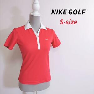 NIKE GOLF ロゴ刺繍 オープンカラー半袖ポロシャツ・赤ピンク&白 表記サイズS レディース ゴルフ 81003