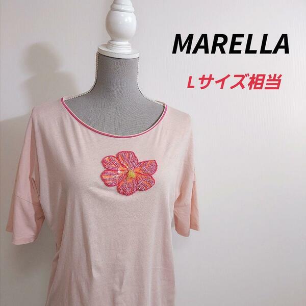 MARELLA ゆったりデザイン・ビーズ飾り フラワー刺繍Tシャツ Lサイズ相当 薄ピンク 花柄 81212