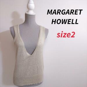 Margaret Howell Linen Material / V шея тонкий жилет с серой обозначения размером 2 м. Легкая бежевая Маргарет, Хауэлл 81219