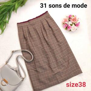 31 sons de mode 千鳥格子・チェック柄スカート 膝下 表記サイズ38 M ベージュ&黒&ワインレッド 79696