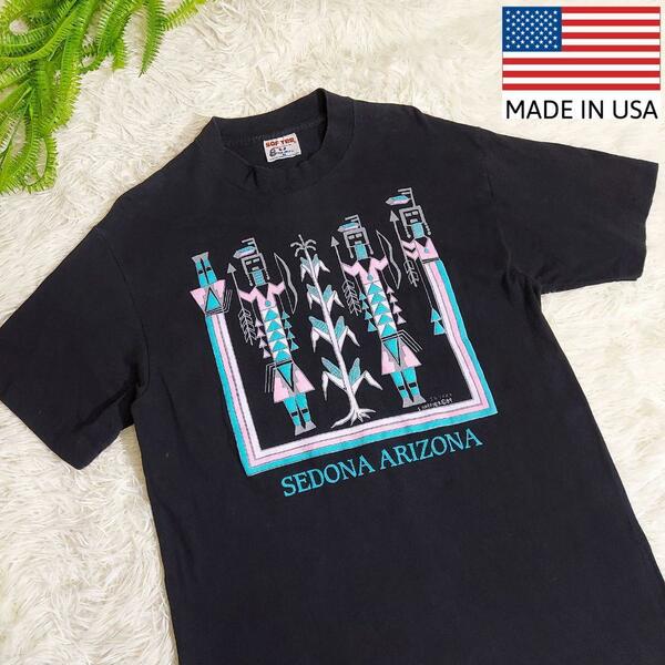 80年代 USA製 ネイティブアメリカン・アート・Tシャツ 黒 表記サイズM 袖口 裾シングルステッチ 丸胴 SOF TEE 80sアメリカ古着82222