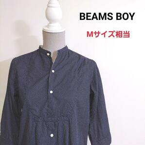 BEAMS BOY バンドカラー 水玉ドット柄 ロング丈シャツ チュニック ネイビー&白 ワンピース プルオーバー80432