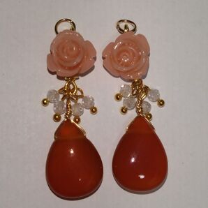 天然石 カーネリアン ジルコン 薔薇パーツ チャーム ゴールド