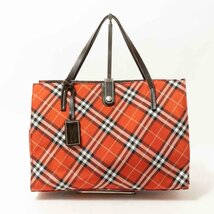 【1円スタート】BURBERRY BLUE LABEL バーバリーブルーレーベル 日本製 トートバッグ ハンドバッグ ナイロン 牛革 オレンジ チェック_画像1