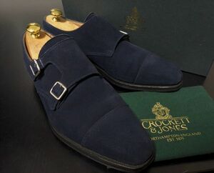 美品 クロケット＆ジョーンズ 8E CROCKETT&JONES 「LOWNDES」ダブルモンク ネイビー ドレスシューズ 箱付 7590