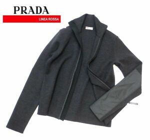 PRADA SPORT 襟LOGO ナイロン切替エルボーパッチ付き ウールジップアップセーター プラダスポーツ ニットトラックジャケット グレー46 JA-3