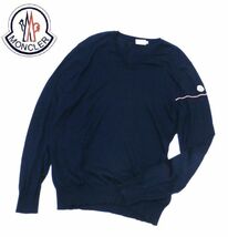 正規品 MONCLER MENS ワッペンロゴ トリコロールライン Vネック 薄手コットンセーター モンクレール LOGO V/N COTTON KNIT ネイビーL MO-23_画像1