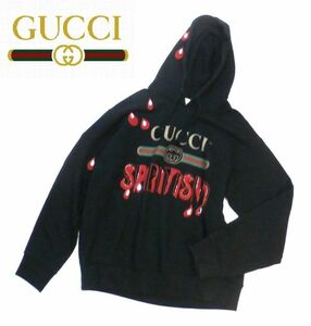 国内正規 GUCCI 469251 X9S46 Spiritismo アップリケ GG シェリーラインロゴ スウェットパーカー グッチ LOGO SWEAT FOODIE ブラックS KH-5