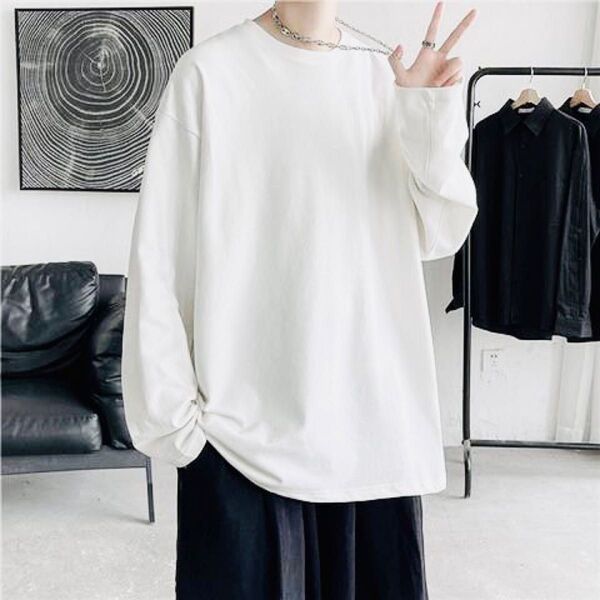 白 M メンズ 長袖 Tシャツ 無地 シャツ 韓流 ロンT ロングTシャツ