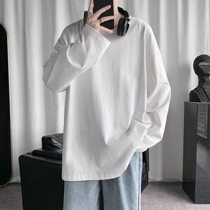 白 L メンズ 長袖 オーバーサイズ Tシャツ 無地 シャツ ロンT 綿