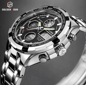【最安】メンズドレスクオーツ腕時計 アナログ デジタル ステンレス カジュアル フォーマル 大人 かっこいい 防水 発光 ブラック×シルバー