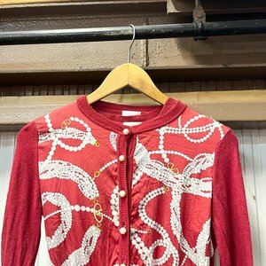 VALENTINO ROMA アンサンブルニット サイズ42 スカーフ柄 パール柄 カーディガン 半袖ニット レッド/赤 ヴァレンティノ digjunkmarket