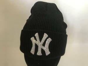 海外ダンサー御用達☆MLB NYヤンキース☆ハイブランドCRYSTALストーンロゴビーニーニットキャップ帽子☆BLACK/CRYSTAL